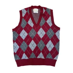 Vintage Sears Argyle Sweater Vest Large Burgundy Grey Orlon Knit